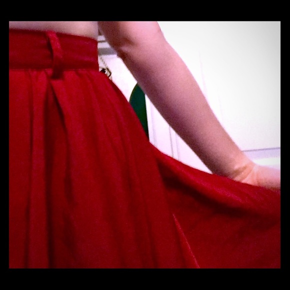 Red pleated high waisted full flare skirt