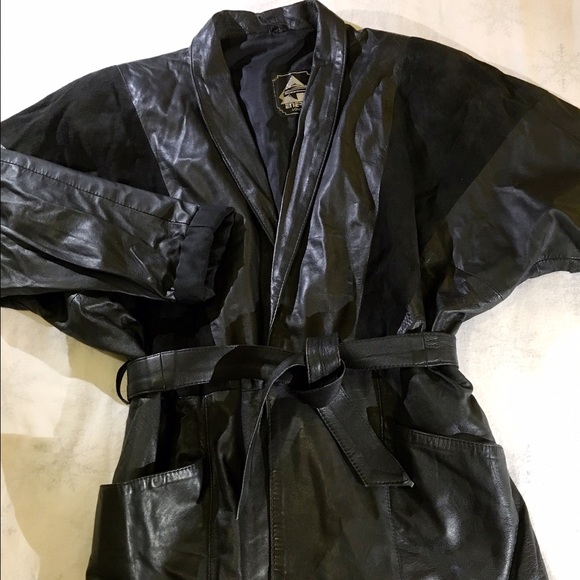 Vintage Black Leather Jacket with Tie Belt - Picture 2 of 4