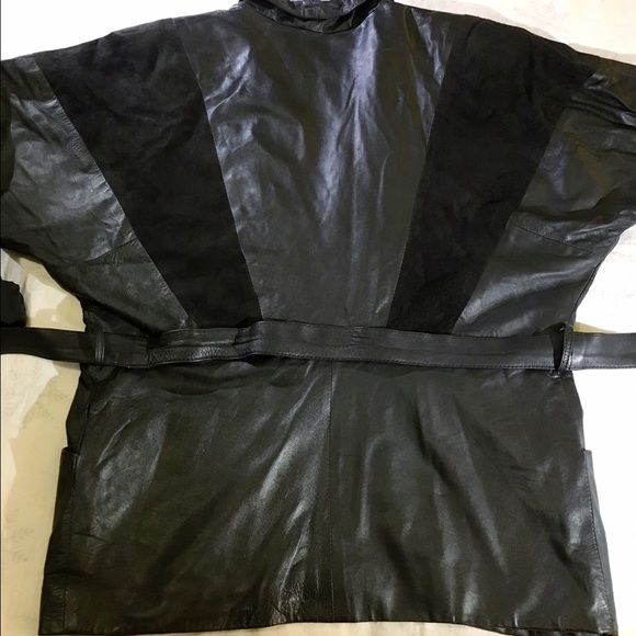 Vintage Black Leather Jacket with Tie Belt - Picture 3 of 4