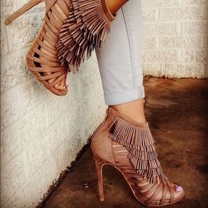 brown fringe heels
