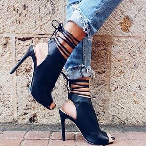 black leather lace up heels