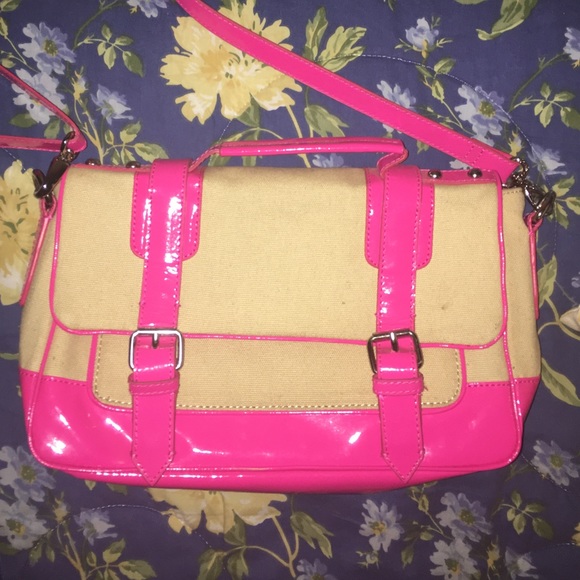 Hot pink and beige messenger bag