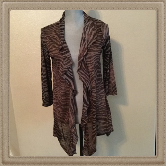 Brown Zebra Draped Open Cardigan
