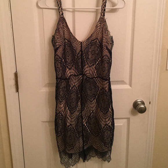 Boohoo navy lace overlay with nude tank dress