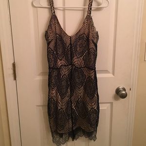 Boohoo navy lace overlay with nude tank dress