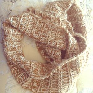 Tan and white knitted infinity scarf