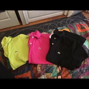 Three Lacoste polos-hot pink, neon lime and black