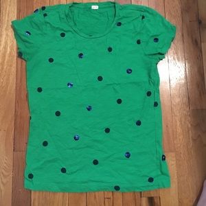 Jcrew green tee with navy sparkle polka dots