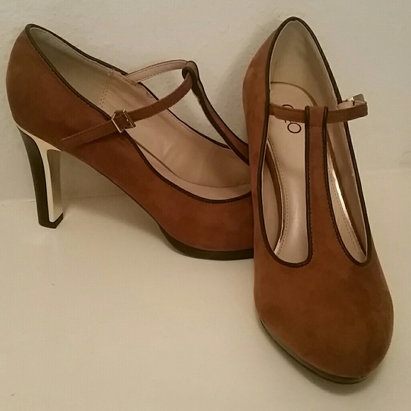 Tan with gold heels and straps