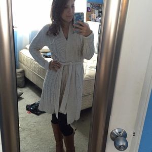 Cream long wrap sweater with tie