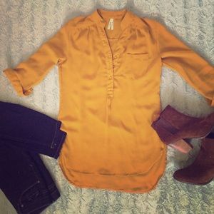 Flowy, sheer, quarter button-up chiffon blouse