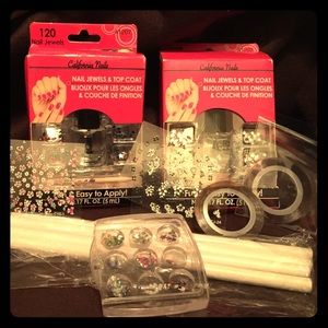 Nail art decals, glitter powder, jewels, stickers.