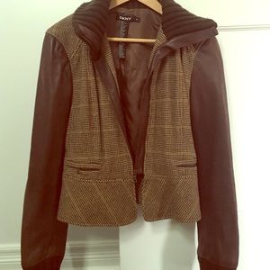 DKNY Brown Genuine Leather and Tweed Bomber Jacket