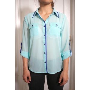 💎 Aquamarine + Royal Blue Sheer Button Up Blouse