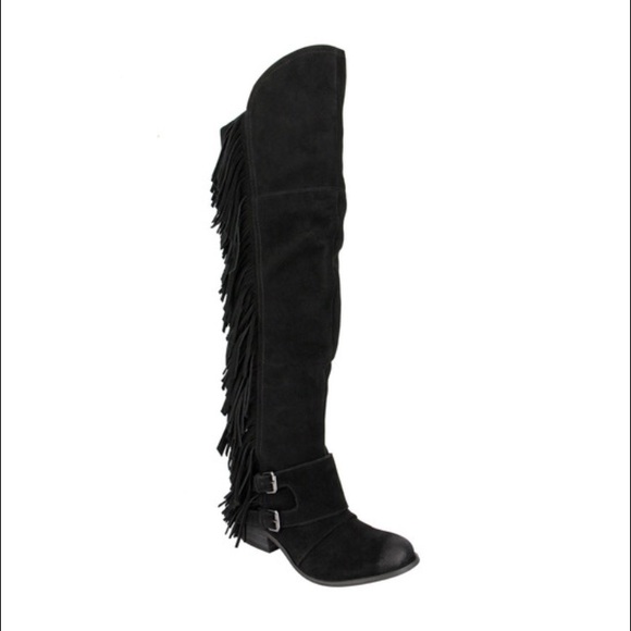 Black real suede fringe boots