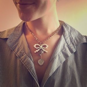 Betsey Johnson Pearl and Diamond Bow Necklace