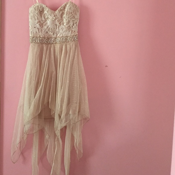 Gold Shimmery High-Low Strapless Prom Dress