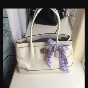 White Leather Coach bag with purple Coach scarf