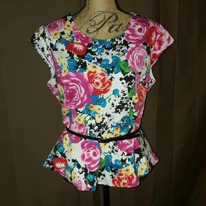 New York and Company Floral Peplum Top with Belt