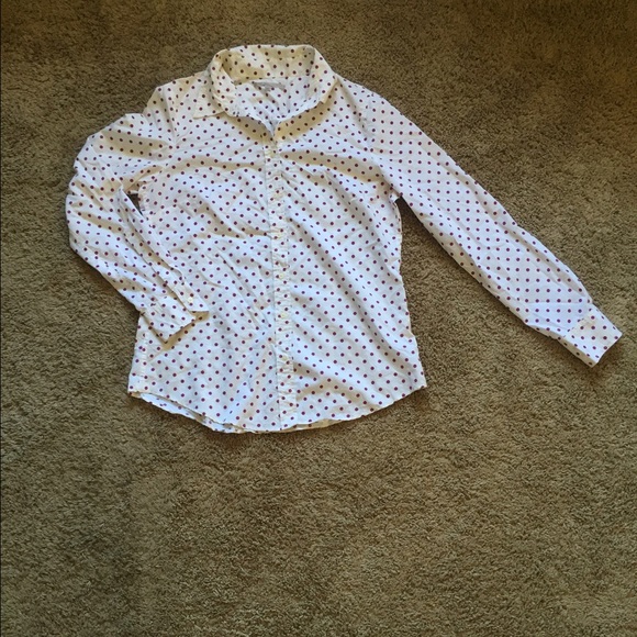 Button Up White Blouse with Magenta Polka Dots