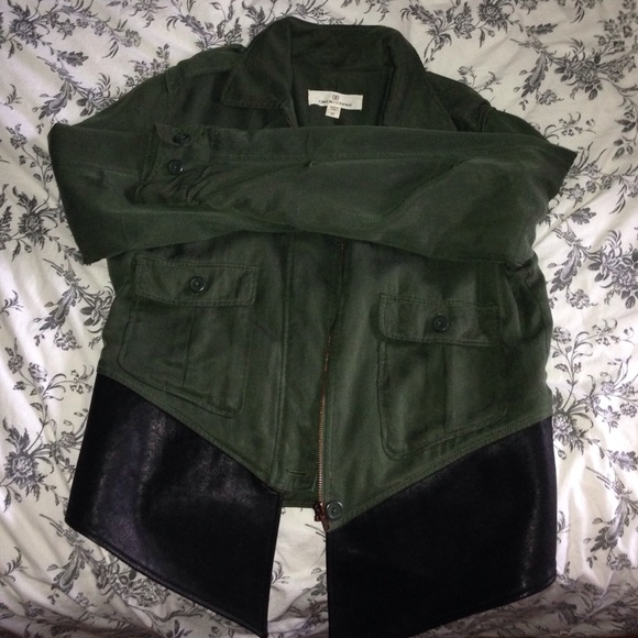 Military Green Jacket with Black Leather Detailing