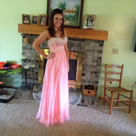 Light pink, strapless, beaded prom gown
