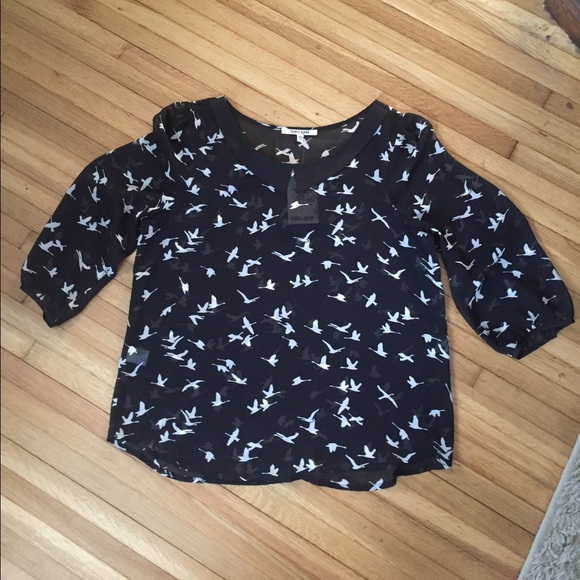 Collared Black and White Bird Print Blouse