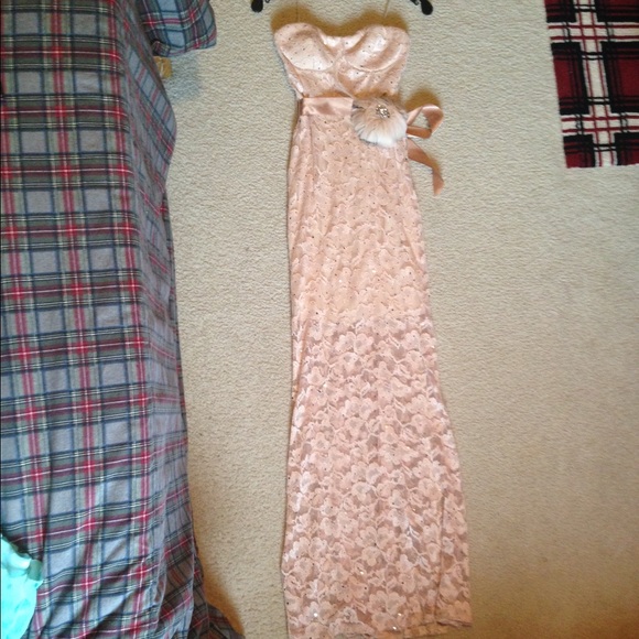 Light pink, lace prom gown.