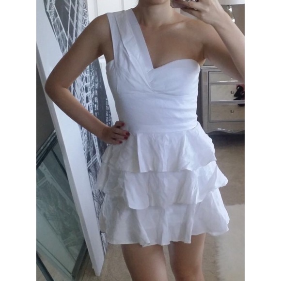 One Shoulder Tiered Ruffle Skirt Linen Dress 4 S - Picture 2 of 4