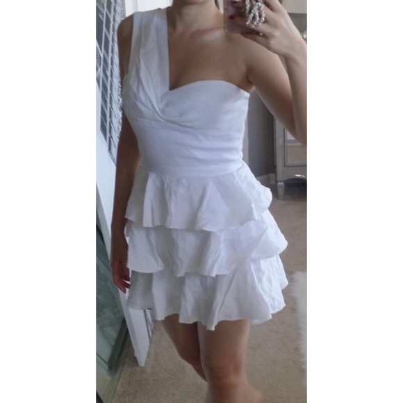 One Shoulder Tiered Ruffle Skirt Linen Dress 4 S - Picture 3 of 4