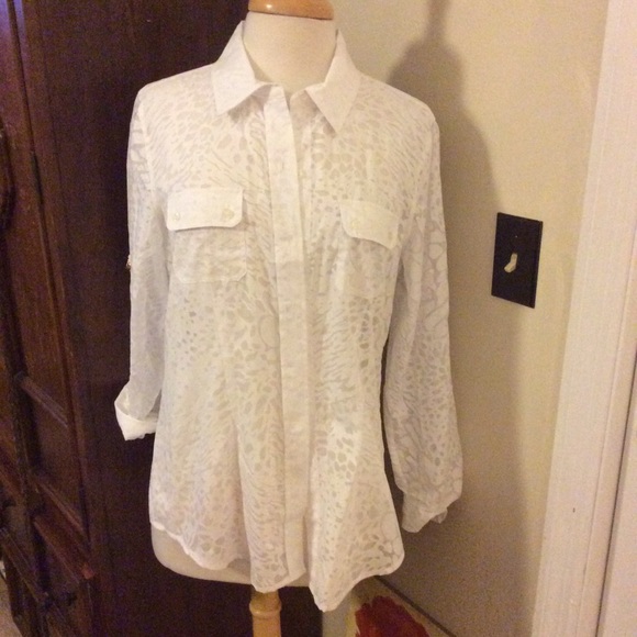 Calvin Klein white semi sheer patterned blouse M