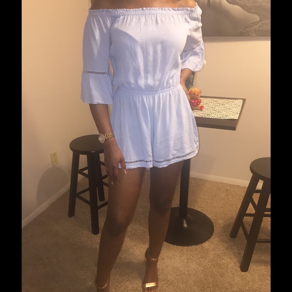 Powder, pastel blue, off the shoulder jumpsuit