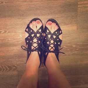 Black geometric lace up sandals