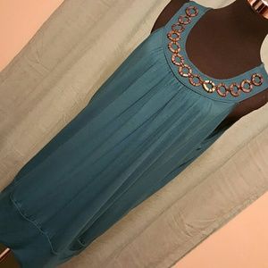 Teal Tunic Tank with Wood Accent Neckline