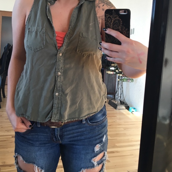 Army Green Button Up Tank/Shirt - Picture 3 of 4