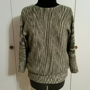 Green/beige/tan/brown variegated sweater.