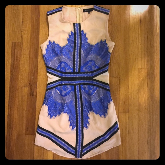 Dress, cobalt eyelet lace w/ black contrast trim