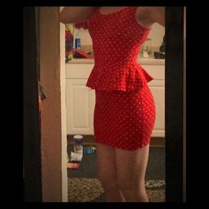Red polka dot dress with peplum