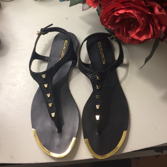 Black Thong Sandals with Gold Accents