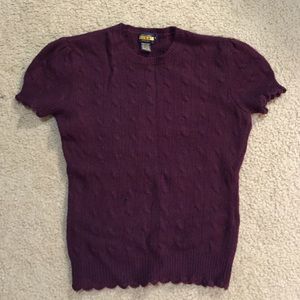 Burgundy, short sleeve, cable knit sweater.