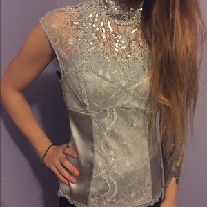 Beaded silk and lace high neck top