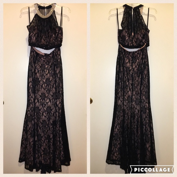 2-Piece Black & Pink Lace Prom Dress