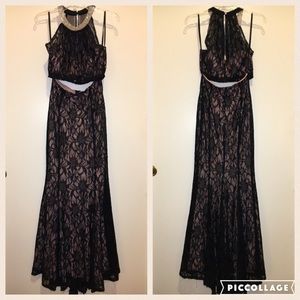 2-Piece Black & Pink Lace Prom Dress