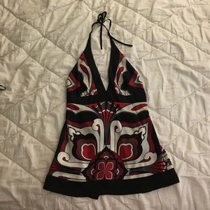 Bebe Silk Printed Black/Red/Light Grey Halter Top - image 1