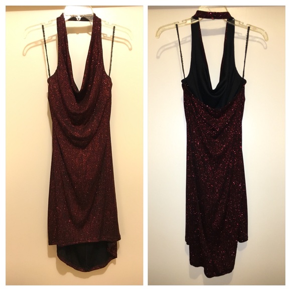 Hi-Lo Red Glitter Halter Cowl Neck Formal Dress