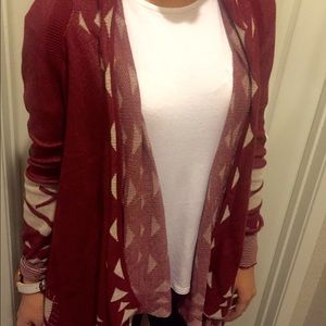 Maroon/tan Aztec-printed cardigan sweater