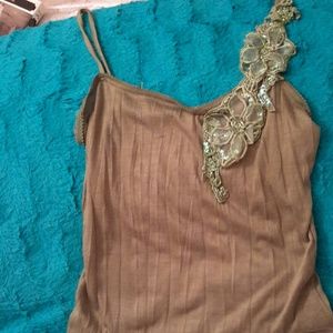 Army green spheghetti strap with sequence flowers