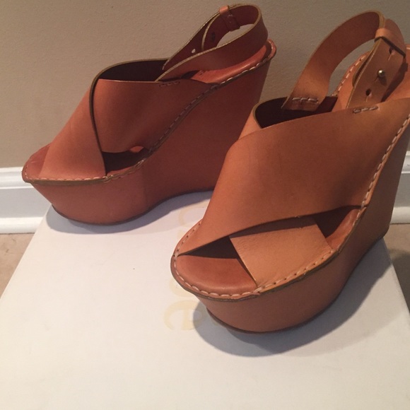 Chloe Brown Leather Crisscross Wedges 36.5 - Picture 2 of 4