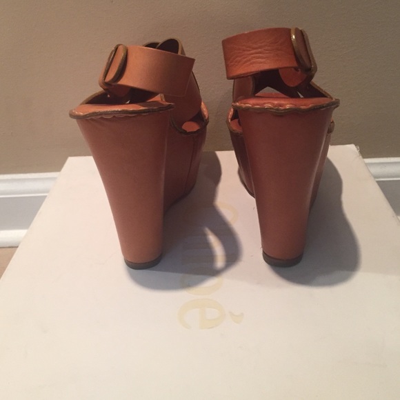 Chloe Brown Leather Crisscross Wedges 36.5 - Picture 3 of 4