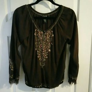 LUCKY BRAND BOHO FLORAL BROWN LONG SLEEVE TOP EUC